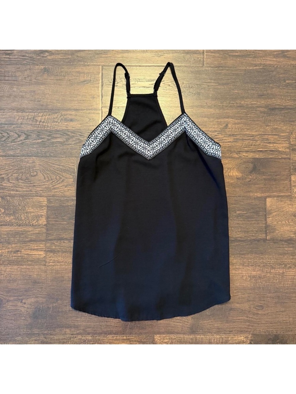 Black Sleeveless Tank Top with White Geometric Trim and Adjustable Straps